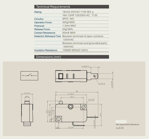Technical drawing and specifications of Micro Limit Switch With 2 Pins, 16A, 125V To 250V AC, Door Interlock, 2 NO and 1 NC contacts.