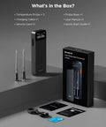 Contents of Dual Probe Smart Wireless Meat Thermometer With Bluetooth And WiFi, including probes, charging base, and manuals.