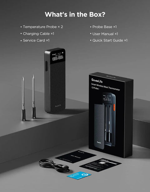 Contents of Dual Probe Smart Wireless Meat Thermometer With Bluetooth And WiFi, including probes, charging base, and manuals.