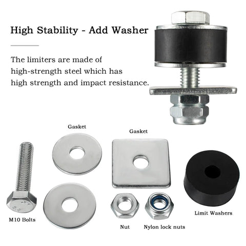 Components of One And Five Eighth Inch Unistrut Trolley Limit Hardware including bolts, gaskets, and washers for strut channel beams.