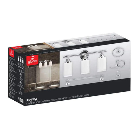 Product packaging of Freya All In One 5 Piece Bathroom Set With Chrome Vanity Light And Frosted Glass Shades Includes Towel Bar.