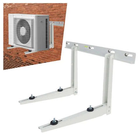 Top Shelf Heavy Duty Mini Split Wall Mount Bracket For Universal Ductless Air Conditioners with AC mounted on brick wall.