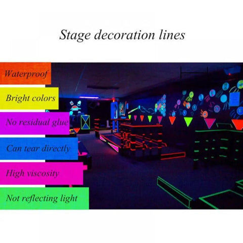 Neon UV Glow In The Dark Tape Set Six Color Party Ready Gaffer Cloth Adhesive Tape 0.6 Inch By 16.5 Feet for UV décor in stage setting.