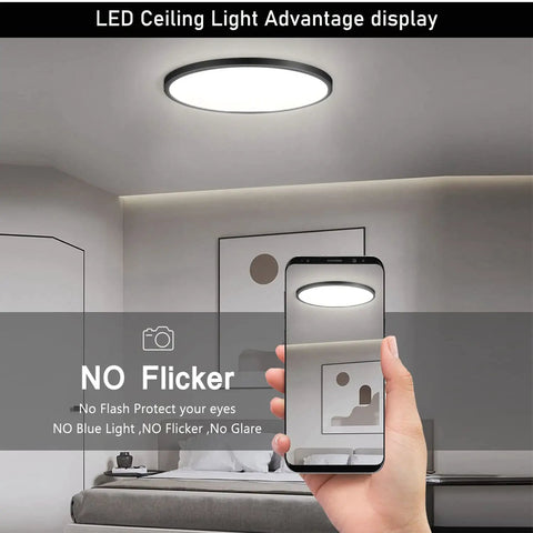 4 Pack 12 Inch Slim Flush Mount LED Ceiling Light Fixtures Black Round 6000K Daylight White 3200 Lumens in a modern room