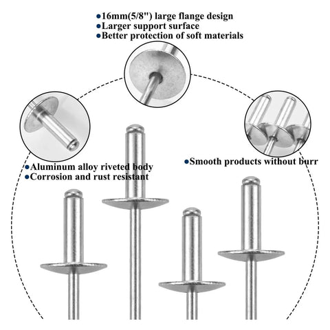 30 Pcs Large Flange Blind Rivets Aluminum Pop Rivet Kit 5/8 In Diameter 16 Mm 4.8x25mm Length Ideal For Soft Materials And Splicing Durable Corrosion Resistant Rivets. close-up of aluminum blind rivets with large flange