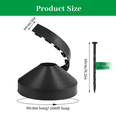 4 Inch UV-Resistant Landscape Edging Kit, 200 Ft Black Lawn Border Roll With 180 Spikes and dimensions highlighted