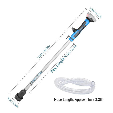Killer Cordless Stick Water Transfer Pump Slinging 36Lpm With Ipx8 Waterproof Seal and pipe and hose dimensions for drainage.