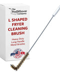 Deep Fryer Cleaning Brush L Shaped High Temp Commercial Kitchen Tool with heavy duty brass bristles and packaging box, made in USA