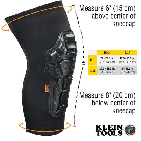 Heavy Duty Knee Pad Sleeves With Triple Layer Padding, size guide, black sleeve with neoprene foam padding and silicone cuff.