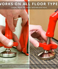 Portable Door Lock Brace For Inswinging Doors With 3Mm Clearance being installed on different floor types for security.