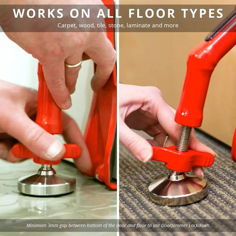 Portable Door Lock Brace For Inswinging Doors With 3Mm Clearance being installed on different floor types for security.