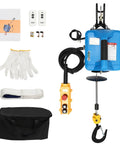 Heavy Duty Electric Power Hoist With 1100 Lbs Lift Capacity And Durable Steel Wire Cable For Garage Rigging and accessories including remote and gloves.
