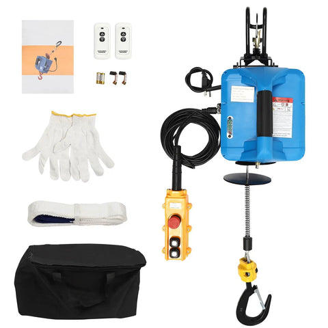 Heavy Duty Electric Power Hoist With 1100 Lbs Lift Capacity And Durable Steel Wire Cable For Garage Rigging and accessories including remote and gloves.