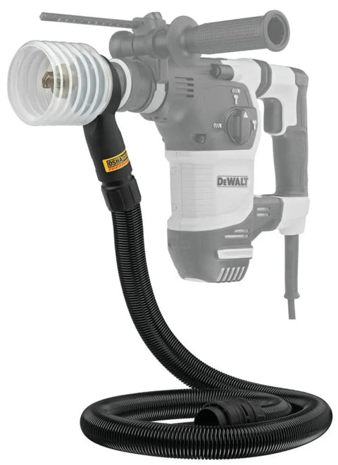 Three Precision Tuned Clear Tube Dust Extraction Cup Set For SDS Plus Rotary Hammers, OSHA Compliant, attached to a drill