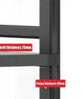 Close-up of Five-Tier Metal Microwave Storage Rack On Wheels With Side Guardrails showing shelf and frame thickness.