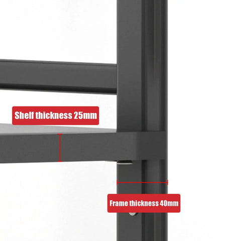 Close-up of Five-Tier Metal Microwave Storage Rack On Wheels With Side Guardrails showing shelf and frame thickness.
