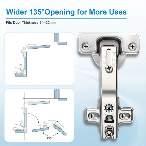 Slick Self Closing Corner Cabinet Hinges For Lazy Susan Doors With Smooth Zero Slam Soft Close Action Easy Install, 135 degree opening.
