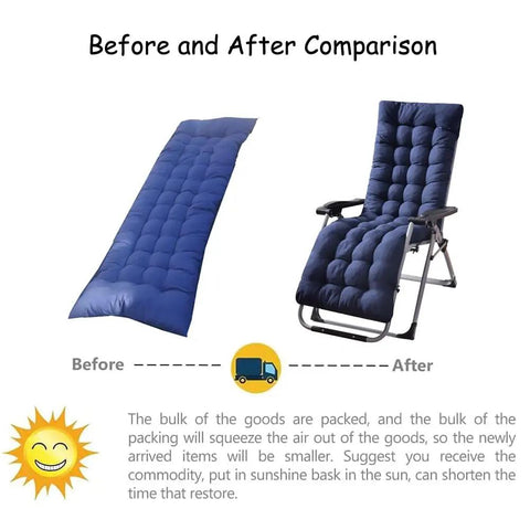 Comfy Patio Chaise Lounger Cushion With Thick Padding And Six Tie Straps Before and After Fluff Up on Lounge Chair