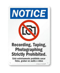 Heavy Duty Aluminum Bilingual Privacy Warning Sign Rock Solid For Outdoors Straight Up No Recording Or Taping Allowed Top Shelf Rust Resistant Security Notice 10X14 Inches mounted on wall.