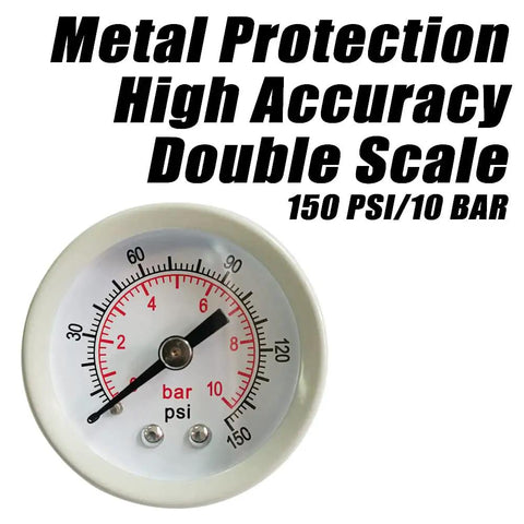 Gauge face of Three Eighth NPT Air Filter Regulator Combo with 0-150 psi and 10 bar readings, high accuracy metal protection