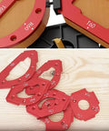 Red Aluminum Router Radius Template Set For Router Tables Fits Curves R10 To R60 And Chamfers T10 To T60 showing R60 and R10 templates.