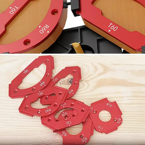 Red Aluminum Router Radius Template Set For Router Tables Fits Curves R10 To R60 And Chamfers T10 To T60 showing R60 and R10 templates.
