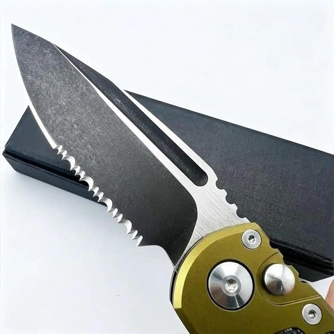 Close-up of the serrated blade of the Beefy 7.9 Inch Button Lock Folding Pocket Knife with D2 Steel on black background.