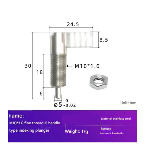 Tough Stainless Steel Spring Plunger Locating Pin With Comfort Grip L Shaped Indexing Handle Knob dimensions and nut included.