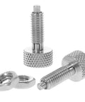 Heavy Duty Stainless Steel Retractable Spring Plunger Locking Indexing Pins For Toolboxes And Rolling Carts With Non Slip Knurled Handle Built Tough For No Fuss Quick Setup And Killer Grip Through The Grind, close-up view of two stainless pins with nuts.