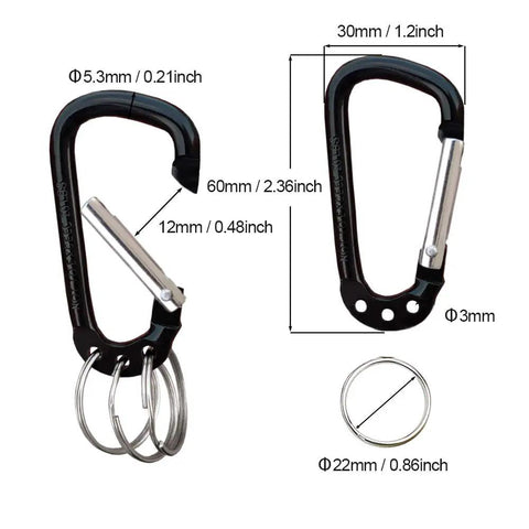 Aluminum Alloy D Shape Carabiner Clip Keychain With 3 Key Rings For Outdoor Gear And Backpack, dimensions and features shown
