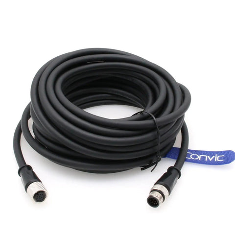 M12 A Code 12 Pin Male To Female Heavy Duty Flex Cable for Cognex Cameras Actuators Industrial Ethernet, coiled on surface