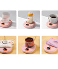 Portable Electric Heating Coaster For Coffee And Tea, 75 Degree Cup Warmer Plate With Hella Steady Temp Dial, Compact Desk Mug Heater Pad For Home Office displaying various beverages and items on a pink warmer.