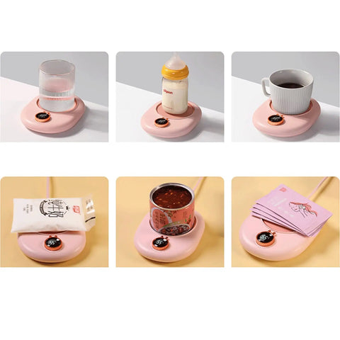 Portable Electric Heating Coaster For Coffee And Tea, 75 Degree Cup Warmer Plate With Hella Steady Temp Dial, Compact Desk Mug Heater Pad For Home Office displaying various beverages and items on a pink warmer.