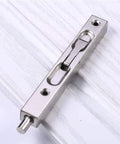 Two Pack Concealed Slide Door Lock And Eight Inch Flush Bolt Guard for French doors, stainless steel construction on wood surface
