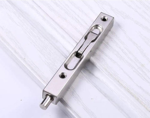 Two Pack Concealed Slide Door Lock And Eight Inch Flush Bolt Guard for French doors, stainless steel construction on wood surface