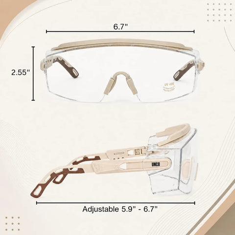 Heavy Duty Safety Goggles With No Sweat Anti Fog Lens And Wide Wraparound Vision Designed To Ride Along Comfortably Over Glasses, showing dimensions 6.7" x 2.55".