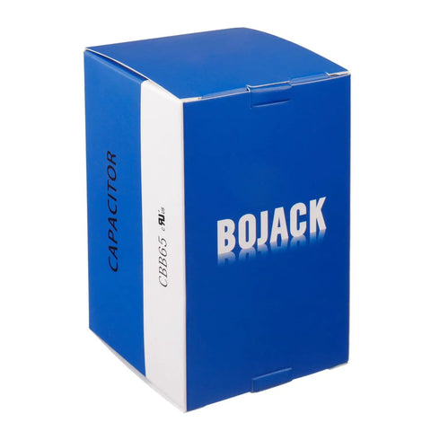 Beefy 50/3 UF Dual Run Start Capacitor For Condenser ACs 370 440 VAC CBB65B Round Capacitor box, blue packaging, angle view