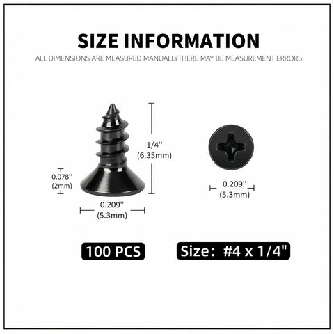 Pro Grade 304 Stainless Steel Self Tapping Screws For Wood And Sheet Metal 100 Pack size #4 x 1/4 with dimensions displayed.