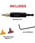Black Milescraft CabinetMate shelf pin drilling jig; includes drill bit, two index pins, and Allen wrench