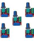 Five Mini DC Motor PWM Speed Controller 5V-35V modules with knobs and connectors, ideal for LEDs, RC hobbies, and projects