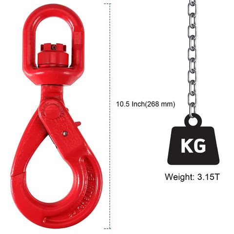 Rugged As Nails 3/8 Inch Swivel Self Locking Eye Hook, Grade 80 Forged Alloy Steel, 6945 Lbs Working Load Limit, red finish and 10.5 inch size