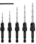 Front view of WORKPRO 5-pack countersink drill bit set with hex key; sizes #4, #6, #8, #10, #12