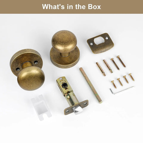 Passage Interior Door Knobs In Antique Brass With Vintage Round Design For Hallway And Kitchen Non Locking Door Handle Zinc Alloy Construction 1 Pack Included components laid out
