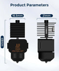 Dimensional diagram of 2 Pack A1 Mini A1 Hotend Kit With 0.4mm Hardened Steel Nozzle for Bambu Lab printers, front and side views.