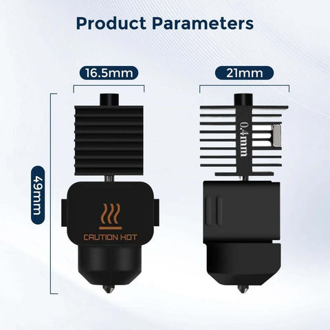 Dimensional diagram of 2 Pack A1 Mini A1 Hotend Kit With 0.4mm Hardened Steel Nozzle for Bambu Lab printers, front and side views.