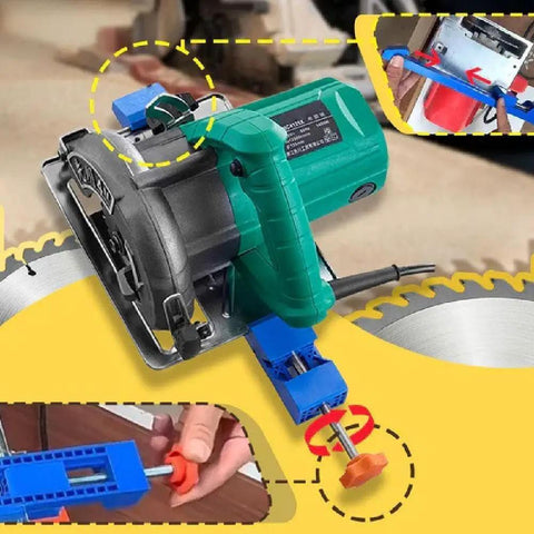 Pro Grade Circular Saw Guide Base Clamp with laser etched scale for straight bevel and rip cuts, adjustable for 4 to 8 inch saws.