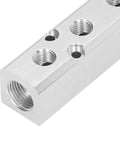 Beefy Heavy Duty Pneumatic Aluminum Air Manifold Splitter for Quick Connects and No Leak Operation, side view of connector ports