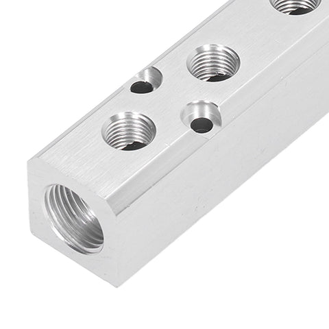 Beefy Heavy Duty Pneumatic Aluminum Air Manifold Splitter for Quick Connects and No Leak Operation, side view of connector ports