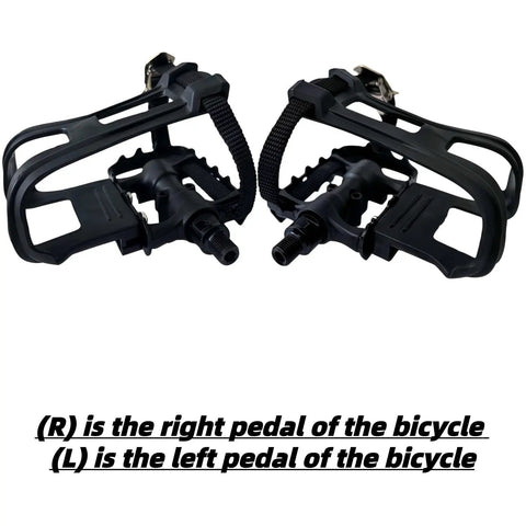 Alloy-Composite Bike Pedals With Adjustable Toe Clips And Straps For A Smooth 360 Degree Spin, Dual Sealed Bearings For Power Transfer, All Weather IP67 Seal, Lightweight, Ready For Spin Classes, Peloton, Schwinn, Road And Mountain Bikes, shown in pair view with one right and one left pedal.