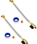 Two Pack Extended Tank Drain Valve Kit For Air Compressors with braided steel hose, brass adapter, and thread seal tape.
